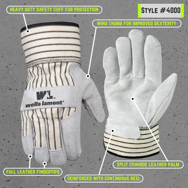 Wells Lamont Men's Heavy Duty Leather Palm Work Gloves with Safety Cuff, Large (4000) - Image 3